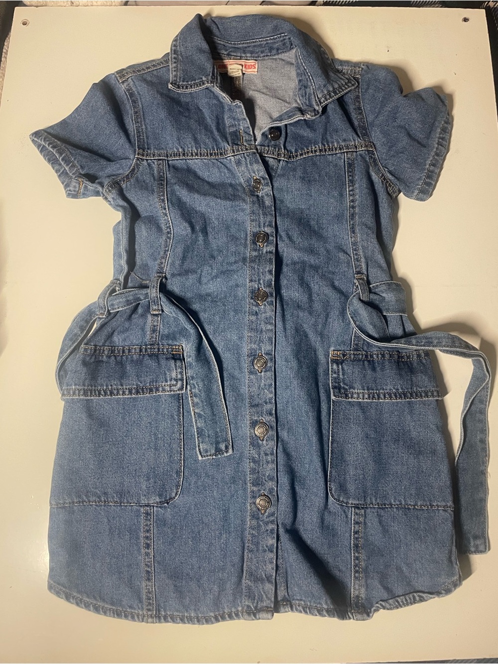 Denim Button-Front Kids Dress with Belt - Light Blue